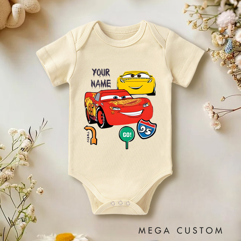 Personalized Cars Themed Design with Lightning McQueen and Cruz Ramirez Baby Onesie