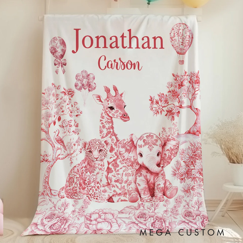 Personalized Mluticolor Floral Leopard Giraffe Elephant Soft Throw Blanket with Name and Surname Nursery Room Gift for Boys Girls