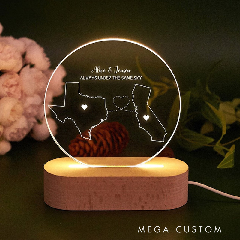 Personalized Two-State Map Night Light Long Distance Gift Housewarming Gift Moving Gifts