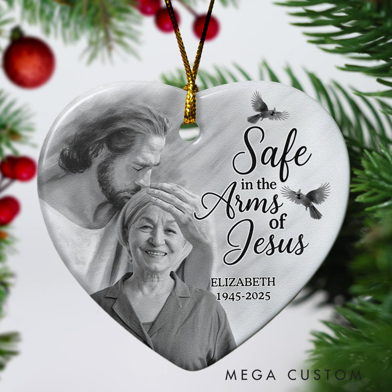 Personalized Memorial Ornament Safe In The Arm Of Jesus Ceramic Photo Ornament for Loss of Loved One
