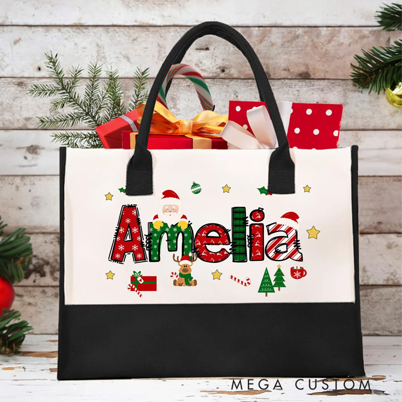 Personalized Santa Claus Elk Large Capacity Canvas Bag with Name Christmas Gift 
