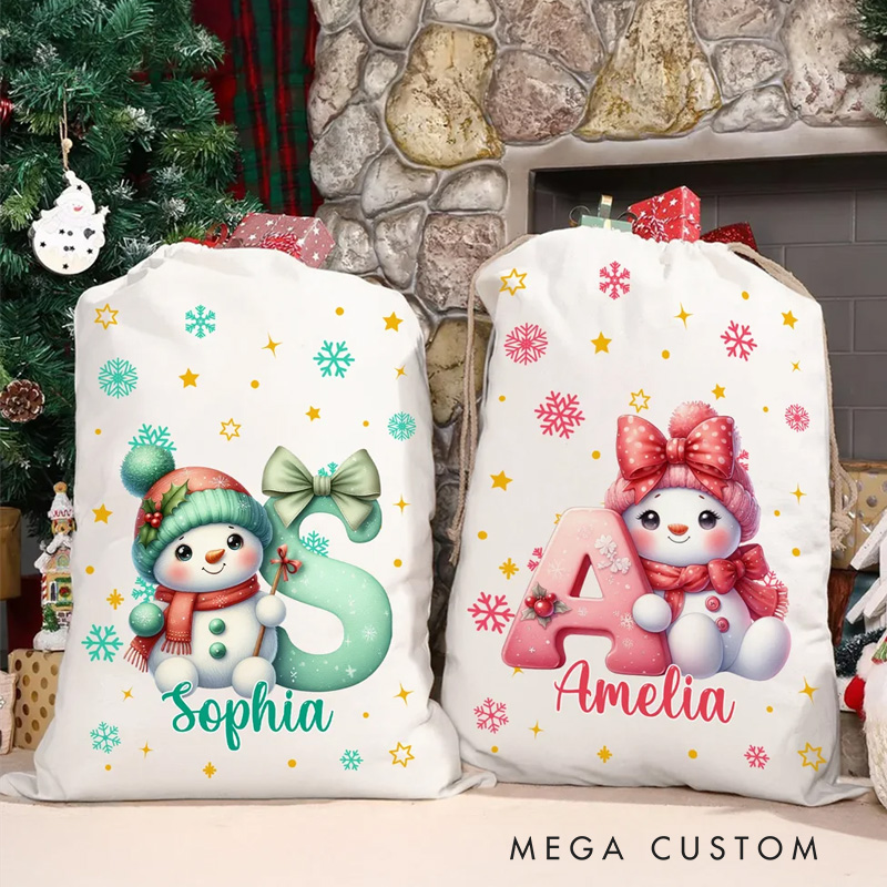 Personalized Cute Cartoon Santa Hat Snowman Initial Drawstring Gift Bag with Name Christmas Gift 