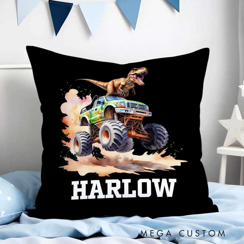 Personalized Dinosaur Truck Soft Throw Pillow with Name Room Decor Birthday Christmas Gift for Boys Girls
