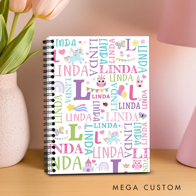 Personalized Fantasy Unicorn Dinosaur Name Cloud Spiral Notebook with Initial Back to School Birthday Gift for Kids