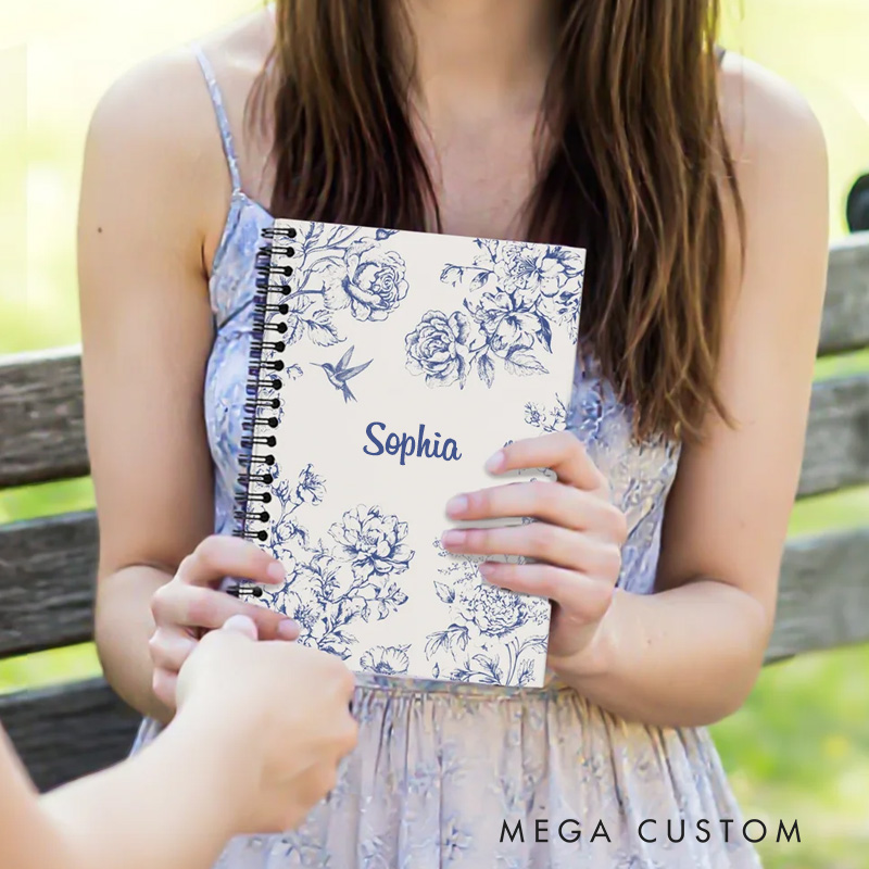 Personalized Toile De Jouy Floral Butterfly Hummingbird Spiral Notebook with Birthday Christmas Gift for Women Girls