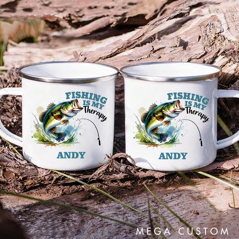 Personalized Fishing Enamel Mug Fishing is My Therapy Design Enamel Cup Fishing Mug Gift for fisherman Fathers Day Mug Dad Fishing Gifts