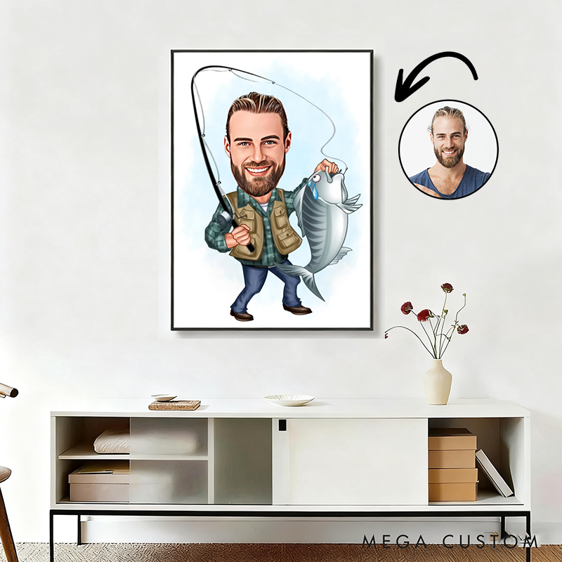Personalized Cartoon Fisherman Portrait Fishing Gift For Men Custom Fisherman Caricature Drawing from Photo Funny Fisherman Caricature Gift for Fisherman