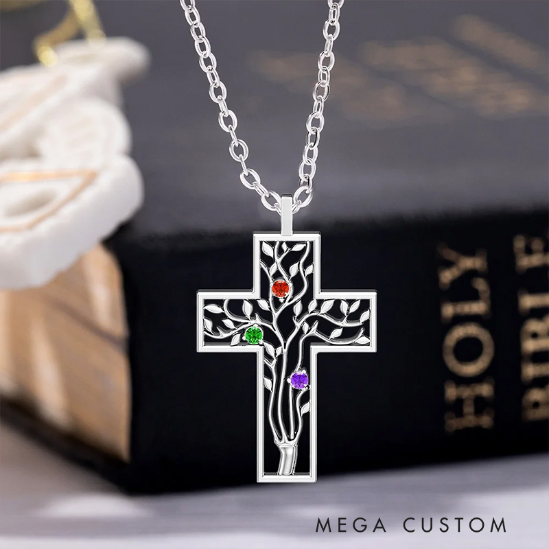 Personalized Cross 3 Birthstones Family Tree Necklace Dainty Jewelry Mother's Day Baptism Birthday Gift for Mom Grandma Christian
