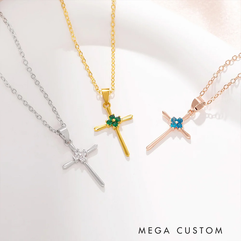 Personalized Minimalism 4 Birthstones Cross Necklace Jesus Jewelry Birthday Christian Baptism Gift for Women
