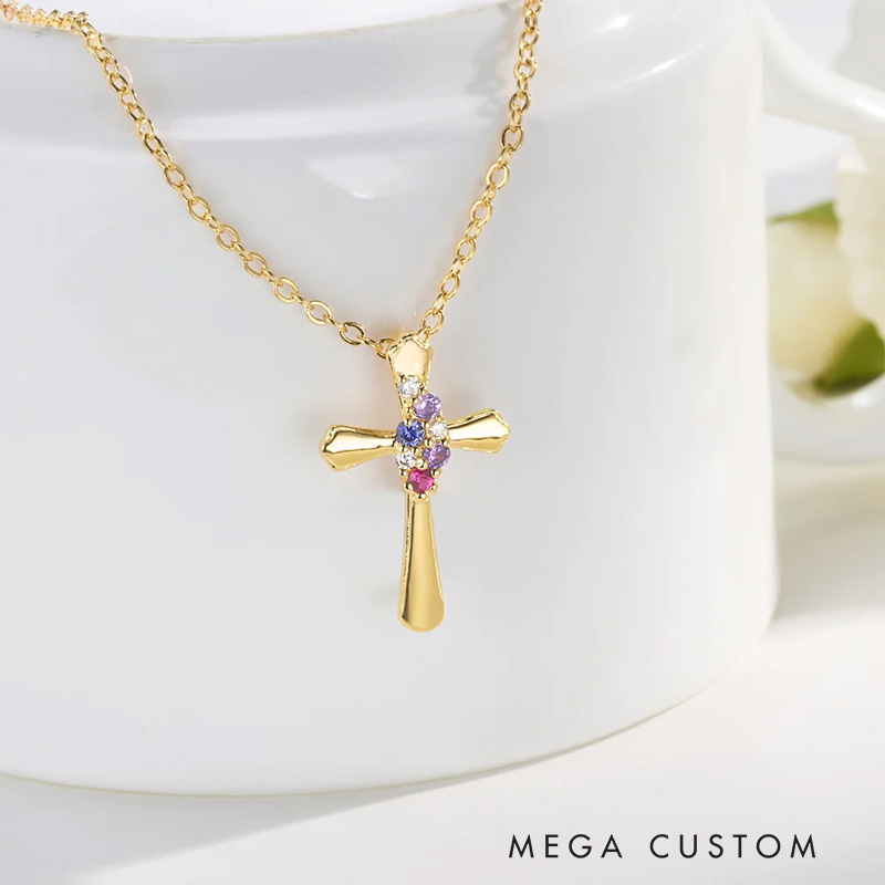 Personalized Dainty Zircon Cross Necklace with 1-4 Birthstones Religious Jewelry Birthday Baptism Mother's Day Gift for Women Christian