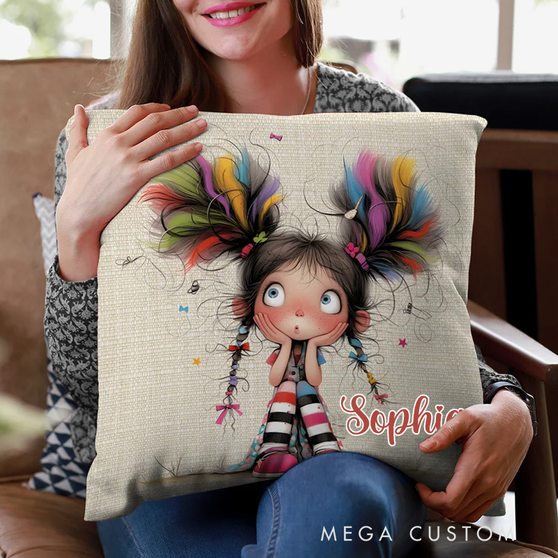 Personalized Cute Cartoon Quirky Girl Throw Pillow with Name Home Decor Birthday Gift for Girls