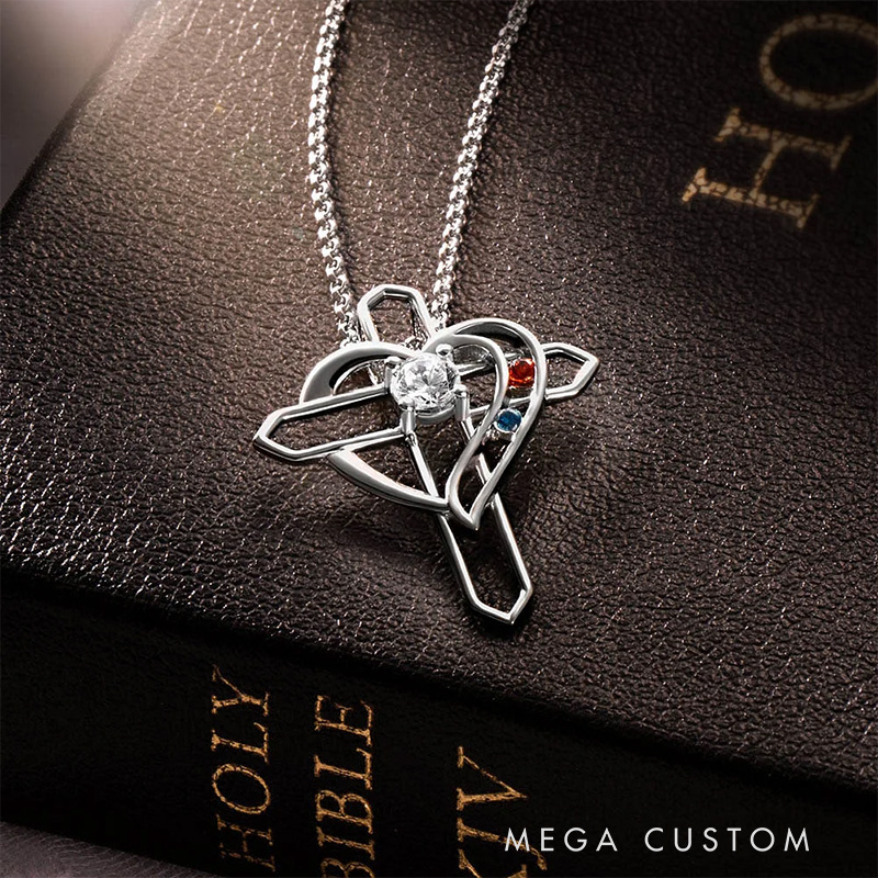Personalized Heart and Cross Family Birthstone Necklace with 2/4 Birthstones Religious Jewelry Birthday Baptism Mother's Day Gift for Women Christian