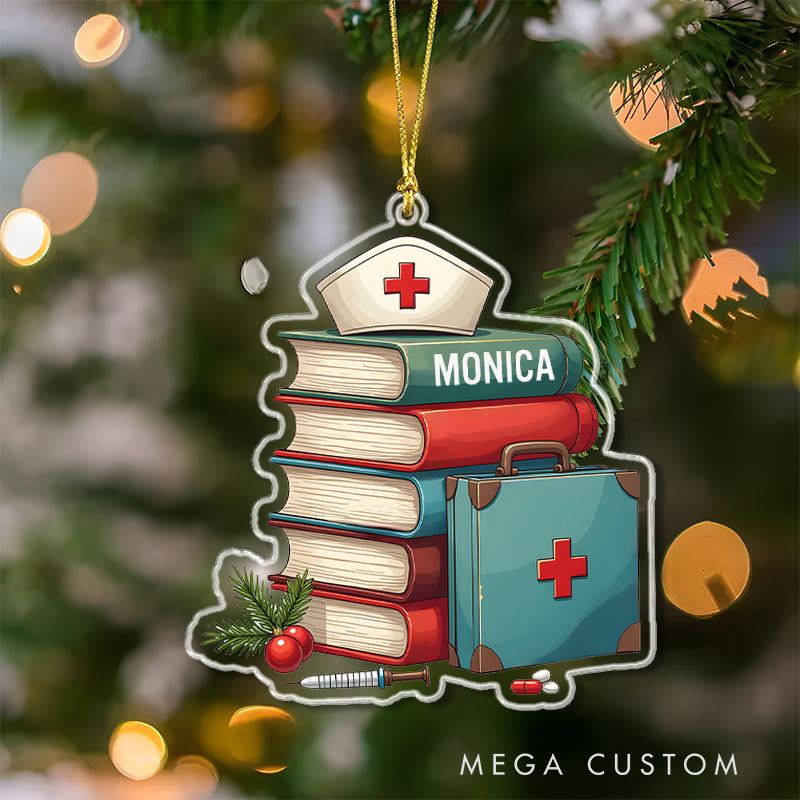 Personalized Books Cap and Care Kit Christmas Ornament Custom Name Acrylic Ornament Christmas Gift for Nurse