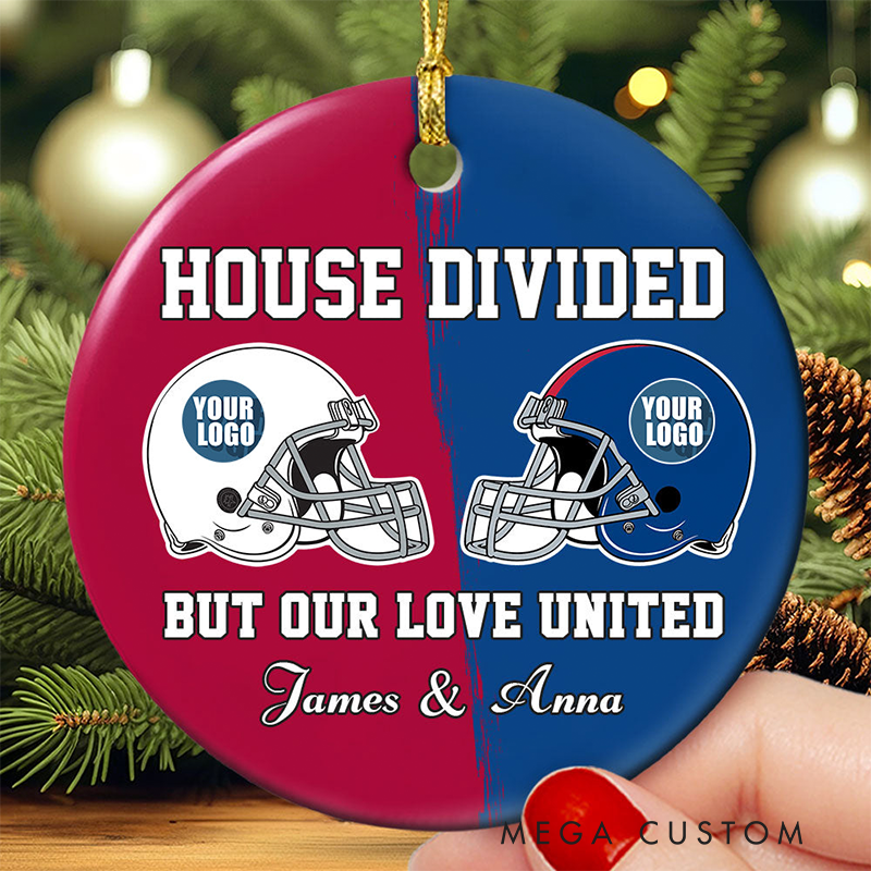 Personalized American Football Christmas Ornament for Couples with Custom Team Logos and Names