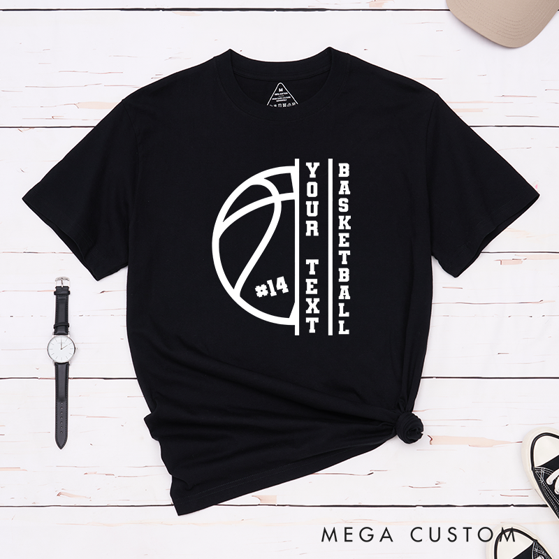 Personalized Basketball T-Shirt Design Featuring Custom Text Player Number and Bold Vertical Layout with Basketball Graphic