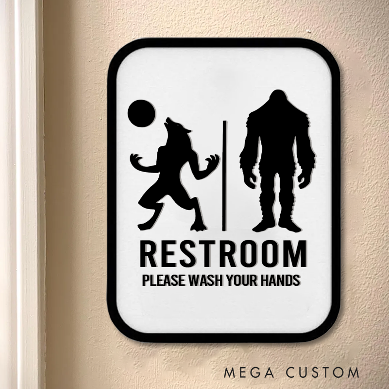 Personalized Werewolf Bigfoot Gender Neutral Bathroom Restroom Sign Please Wash Your Hands 3D Bathroom Sign Bathroom Decor for Geek Lovers