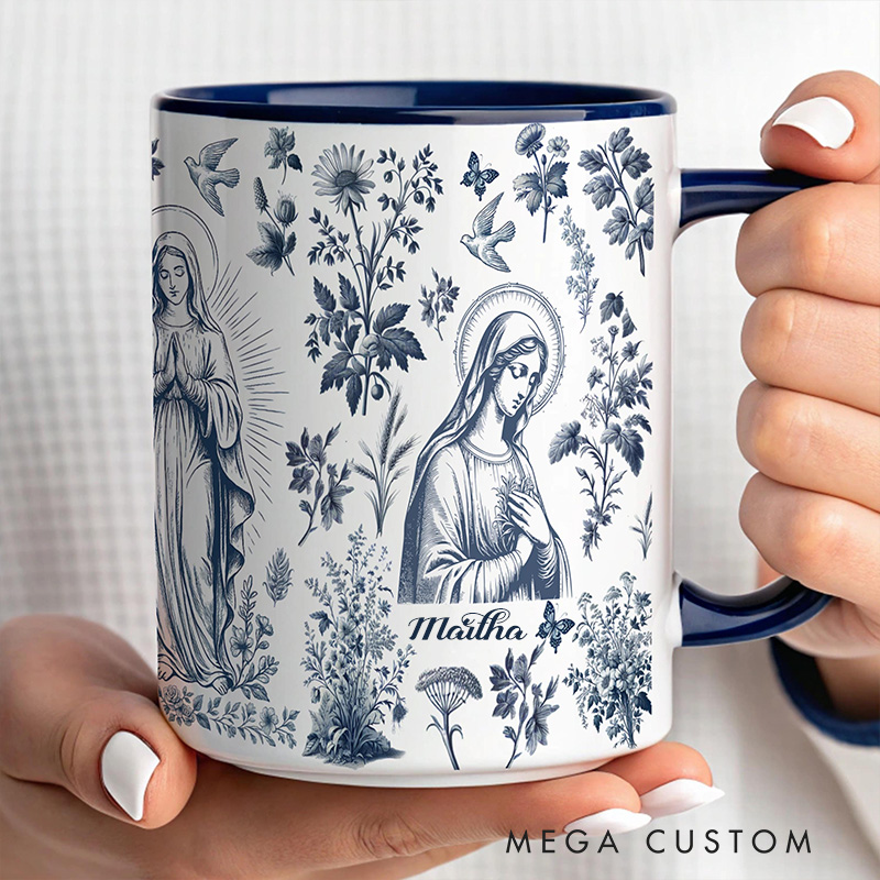 Personalized Catholic Virgin Mary Toile  11oz 15oz Ceramic Mug with Name Our Lady Coffee Cup Floral Catholic Mug Marian Mug Christian Gift for Women