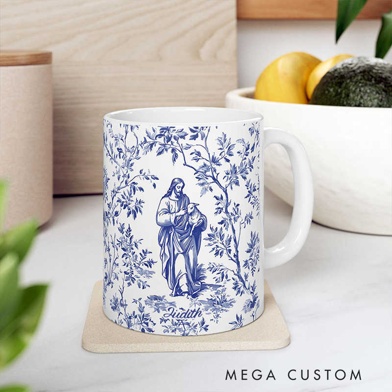 Personalized Jesus and Lost Lamb Blue Toile de Jouy 11oz 15oz Ceramic Mug with Name French Toile Coffee Cup Religious Gift for Women Faith Tea Cup