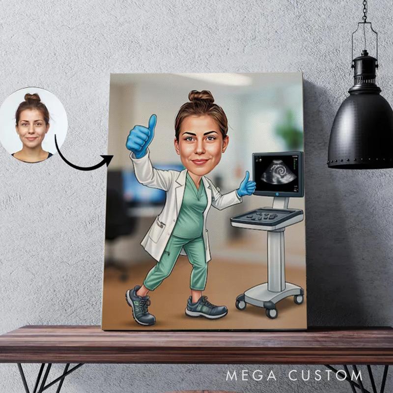 Personalized Cartoon Nurse Portrait From Photo Custom Sonographer Female Cartoon Nurse Portrait Wall Art