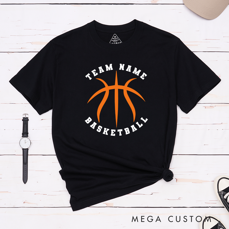Personalized Basketball Team T-Shirt Design Featuring Custom Team Name Bold Orange Basketball Graphic and Arched Text Layout