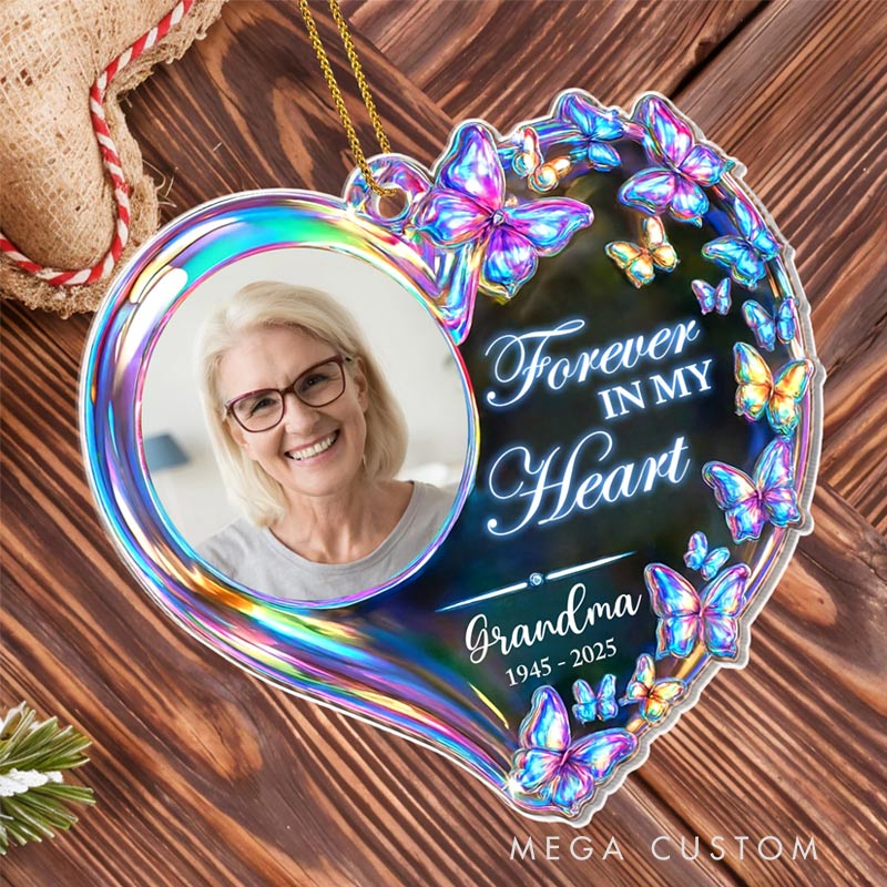 Personalized Memorial Photo Ornament Forever In My Heart Colorful Butterflies Ornament Sympathy Gifts for Loss of Loved One