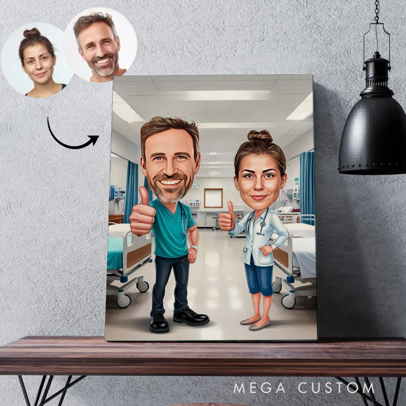 Personalized Cartoon Nurse Portrait From Photo Custom Nurse Couple Cartoon Portrait Wall Art