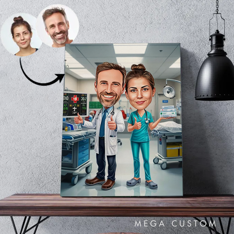 Personalized Cartoon Nurse Portrait From Photo Custom Nurse Couple Cartoon Portrait Wall Art