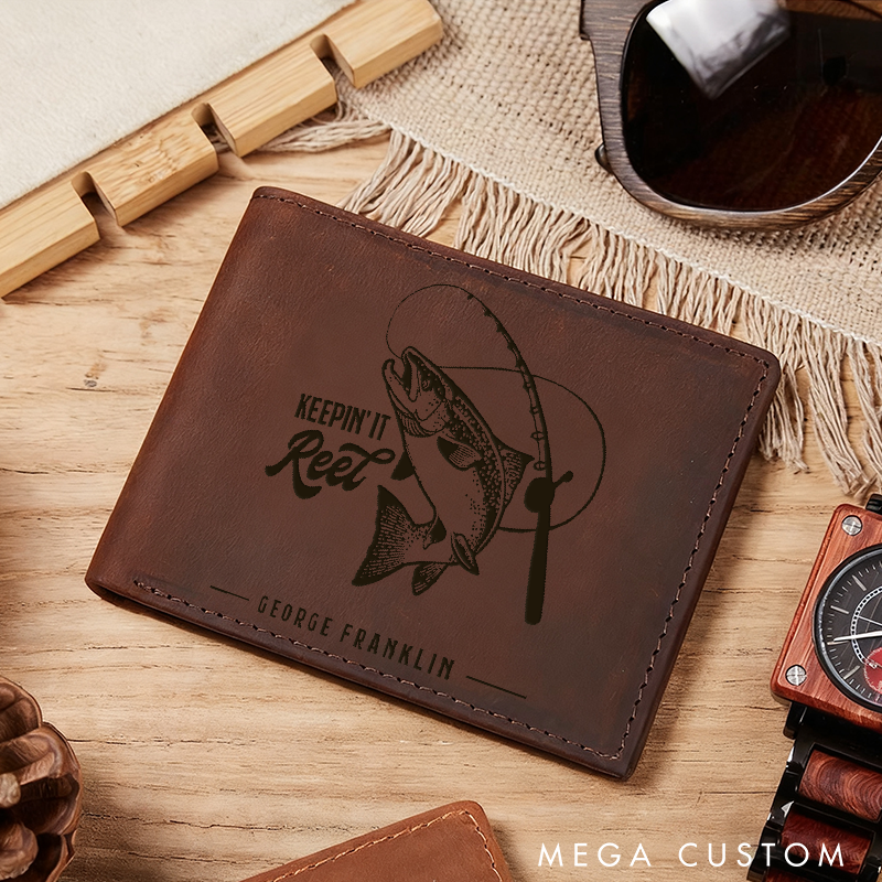 Personalized Fishing Leather Wallet Engraved Fish and Rod Design Genuine Leather Wallet for Father's Day Perfect Gift for Angler and Outdoor Enthusiast
