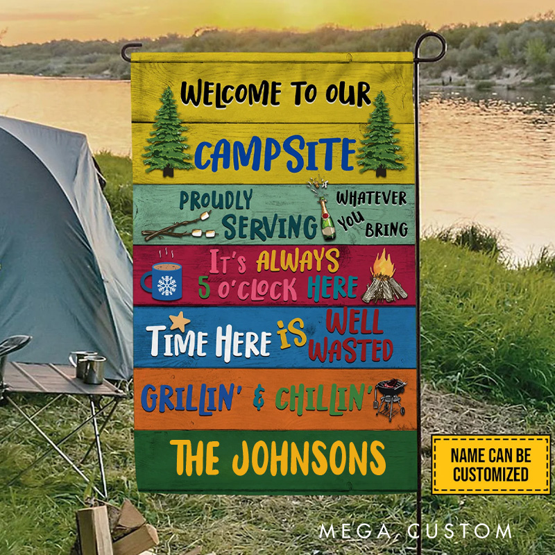 Personalized Welcome to Our Campsite Camping Flag Proudly Serving Custom Flag Camping Gift for Camping Lovers Couple Family Camping Decor