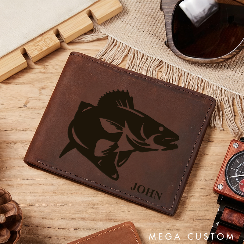 Personalized Rustic Leather Fishing Wallet Engraved Fish BiFold Genuine Leather Wallet for Father's Day Perfect Gift for Angler and Outdoor Enthusiast