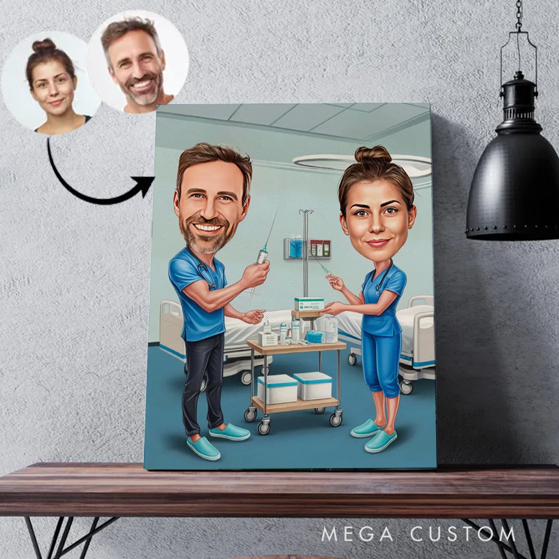 Personalized Cartoon Nurse Portrait From Photo Custom Nurse Couple Cartoon Portrait Wall Art