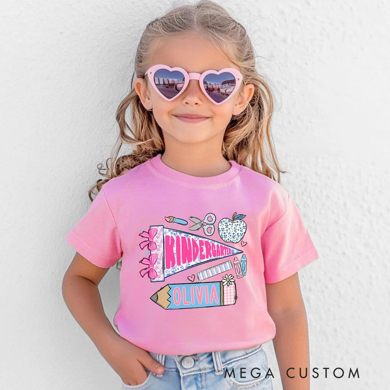 Personalized Pencil Apple Scissors Crayon Pennant Kid T-Shirt with Name and Grade Back to School Birthday Gift for Boys Girls