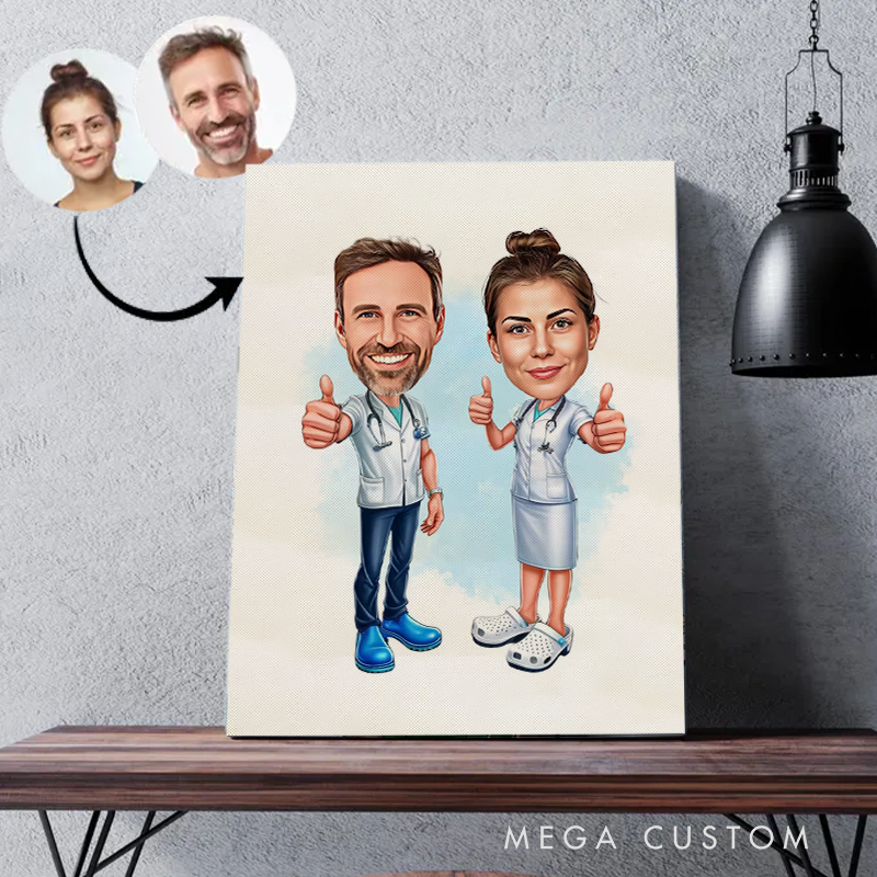 Personalized Cartoon Nurse Portrait From Photo Custom Nurse Couple Cartoon Portrait Wall Art