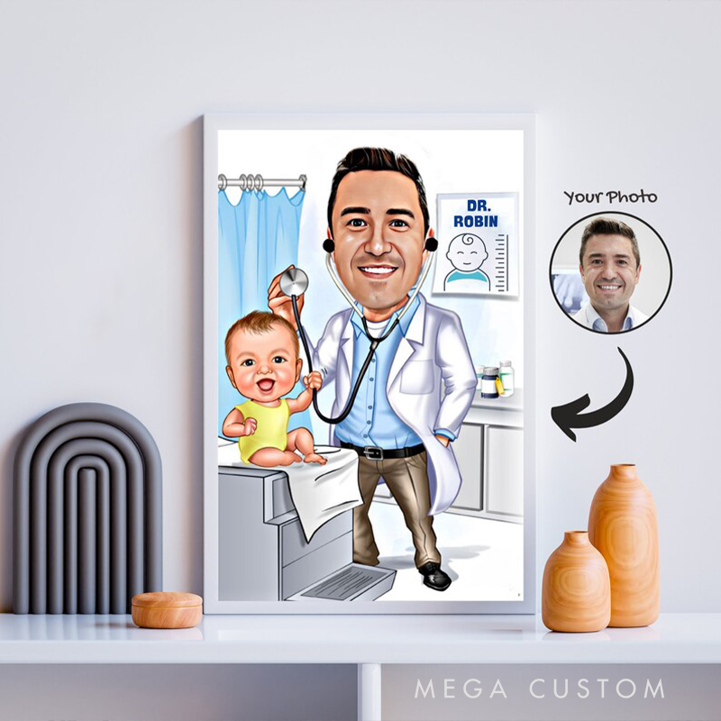 Personalized Male Pediatrician Cartoon Portrait Pediatric Doctor Caricature Wall Art