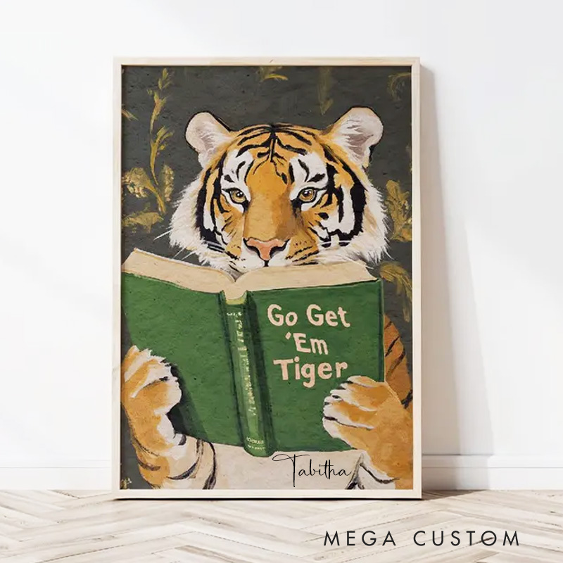 Personalized Motivational Tiger Reading Print with Name Bookworm Wall Art for Library Print Wall Decor Book Lover Office Home Decor