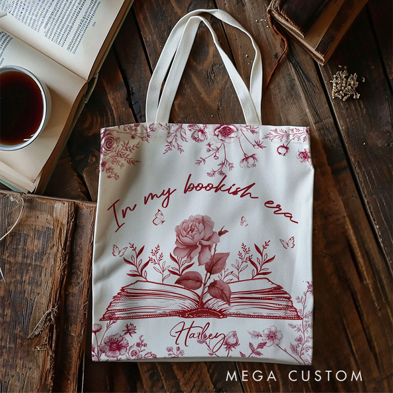 Personalized in My Bookish Era Toile Tote Bag Birth Flower Canvas Bag with Name Birthday Gift for Reading Lover Bookworm Bookish Gift