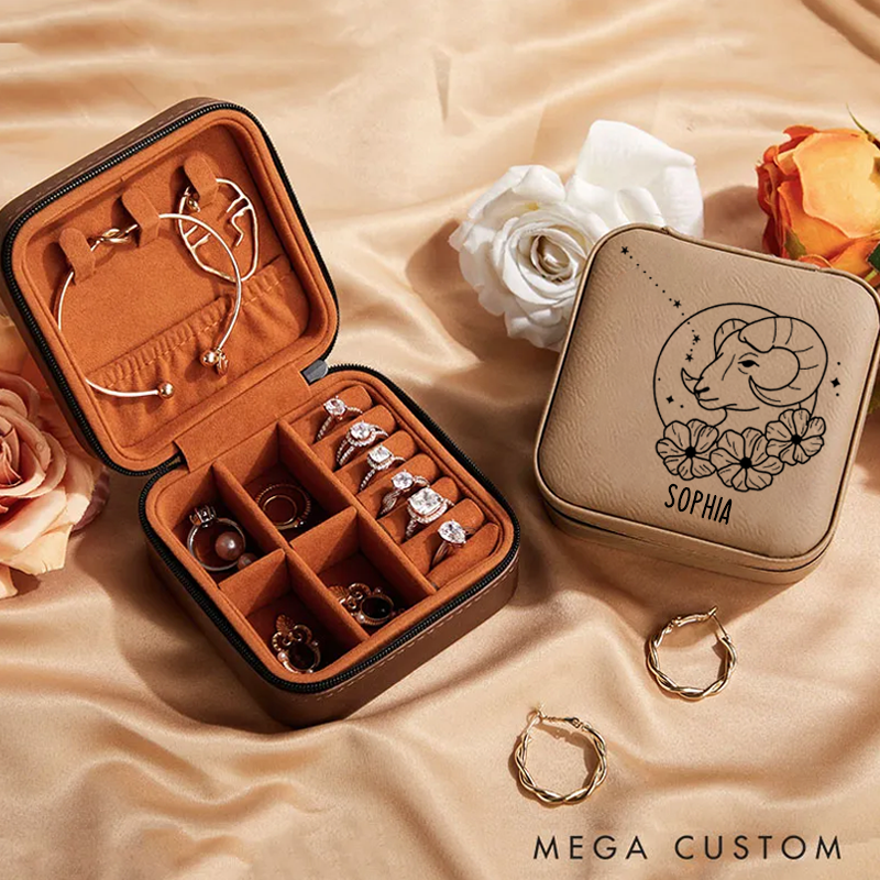 Personalized Leather Jewelry Box With Name Zodiac Signs Gifts for Women Jewelry Travel Case Jewelry Organizer Box