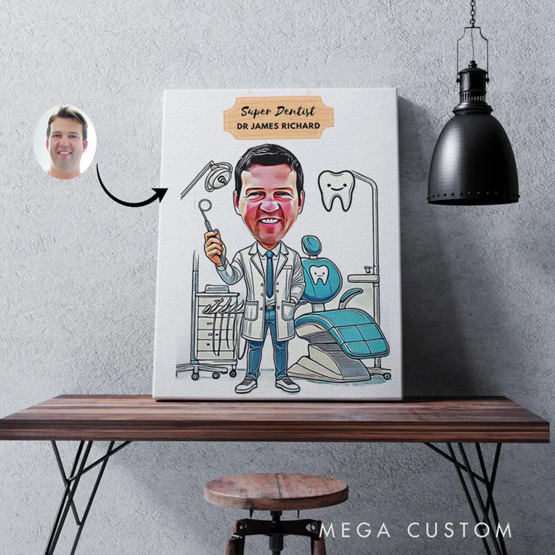 Personalized Super Dentist Cartoon Portrait Dentist Caricature Wall Art