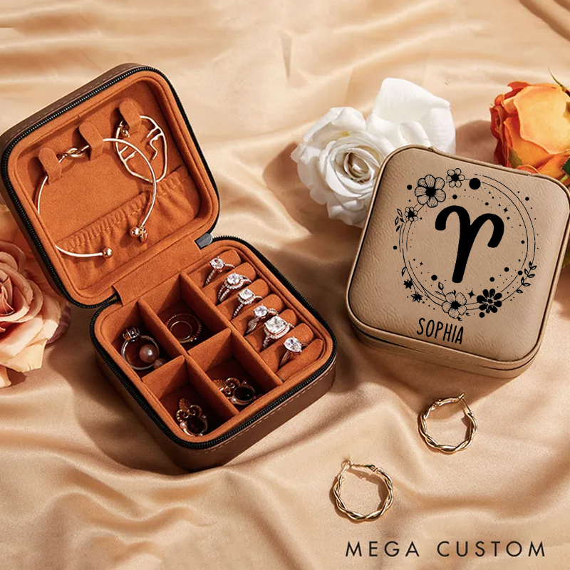 Personalized Leather Jewelry Box With Name & Zodiac Signs Gifts for Women Jewelry Travel Case Jewelry Organizer Box