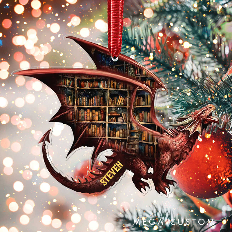 Personalized Dragon Book Christmas Ornament Custom Bookish Ornament with Name for Fantasy Book Lover Gift Librarian Gift