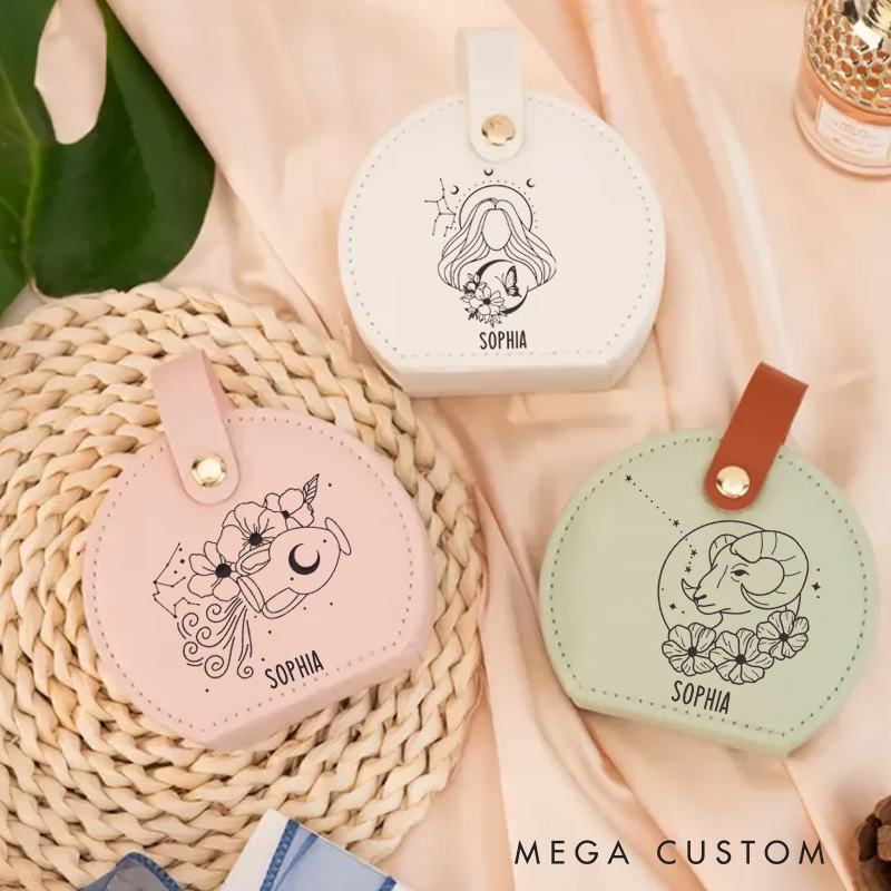 Personalized Leather Jewelry Box With Name Zodiac Signs Gifts for Women Jewelry Travel Case Jewelry Organizer Box