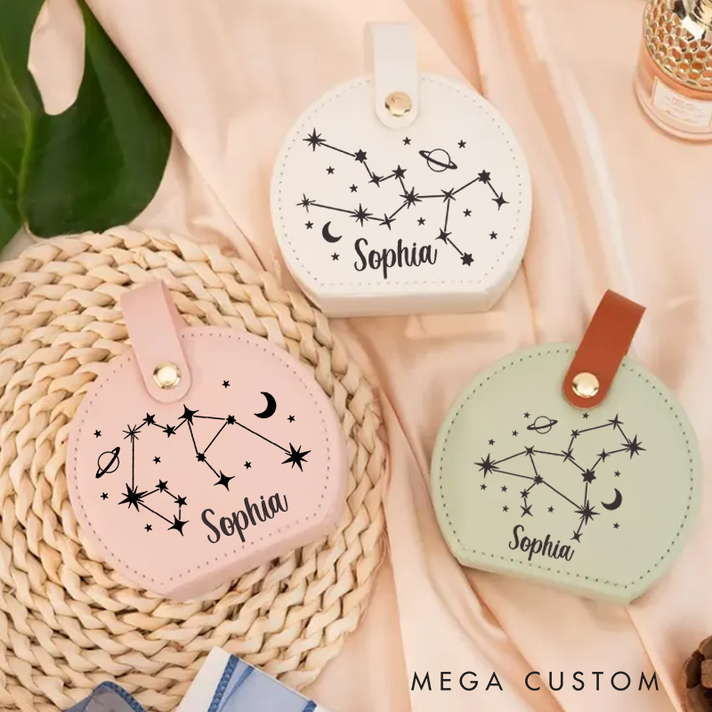 Personalized Leather Jewelry Box With Name Zodiac Signs Gifts for Women Jewelry Travel Case Jewelry Organizer Box