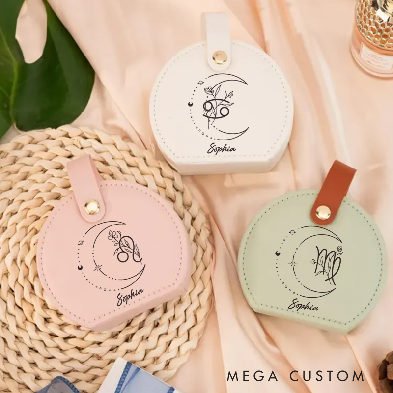 Personalized Leather Zodiac Sign Jewelry Case Zodiac Moon Gift Zodiac Leather Travel Case Gift for Her
