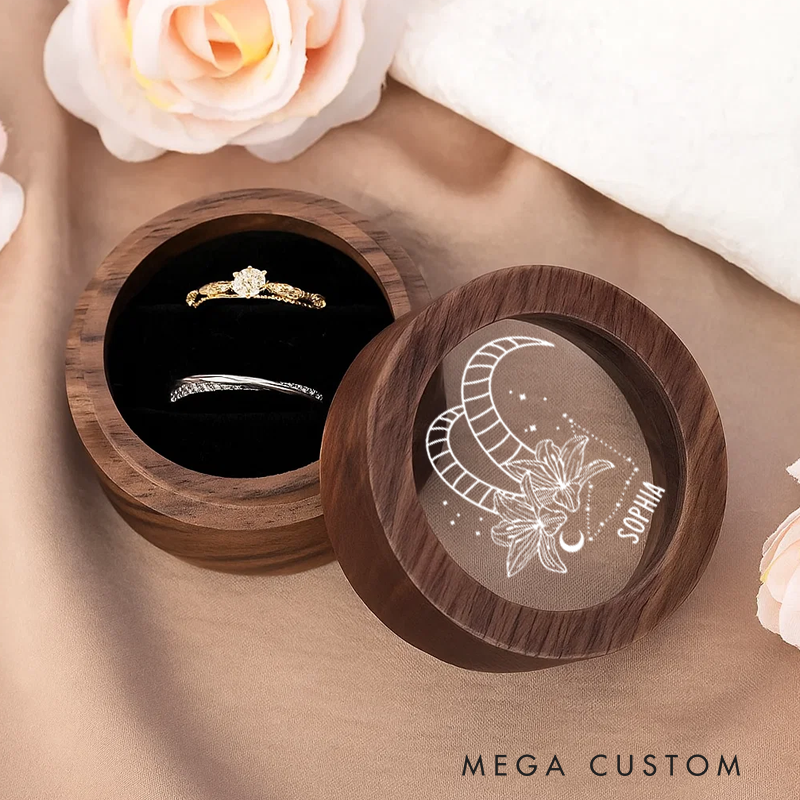 Personalized Wooden Ring Box With Name Zodiac Signs Round Ring Box with Acrylic Cover Ring Holder Birthday Gift