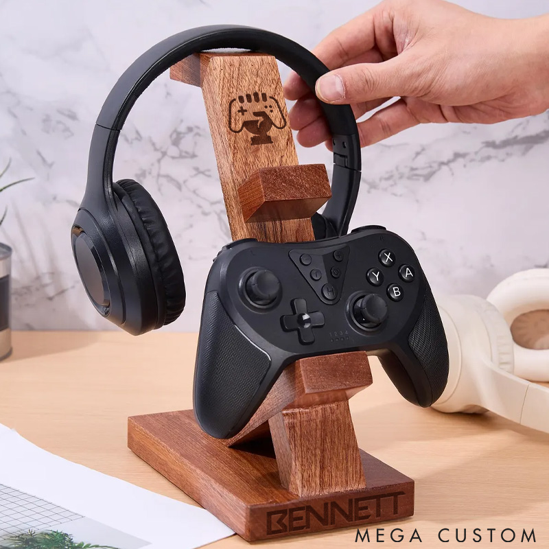 Personalized Wooden Headphones Holder and Controller Stand Engraved Gaming Controller Holder Custom Name Gift for Geek Gamers Lover