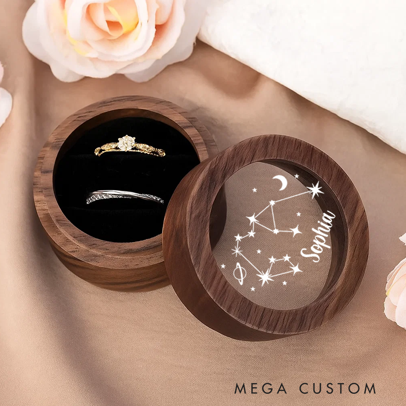 Personalized Wooden Ring Box With Name Zodiac Signs Round Ring Box with Acrylic Cover Ring Holder Birthday Gift
