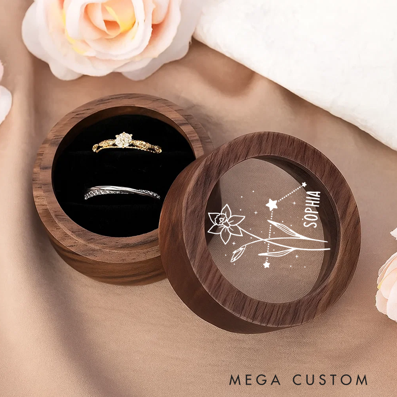 Personalized Wooden Ring Box With Name Zodiac Signs Round Ring Box with Acrylic Cover Ring Holder Birthday Gift
