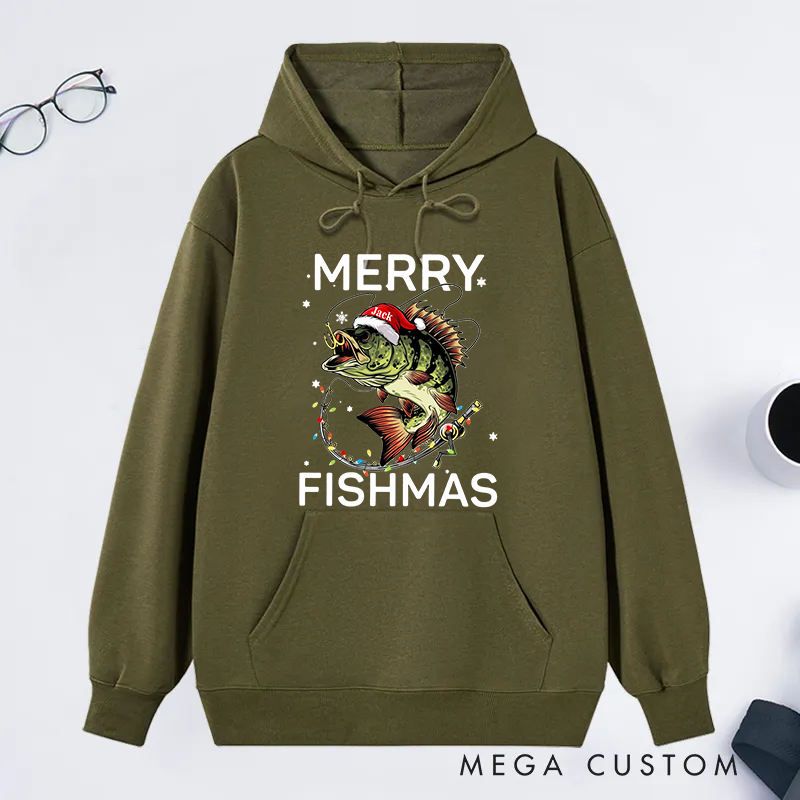 Personalized MERRY FISHMAS Fishing Hoodie Christmas Fishing Gift Funny Christmas Design Perfect Gift for Fishing Lover to Celebrate the Holiday Season