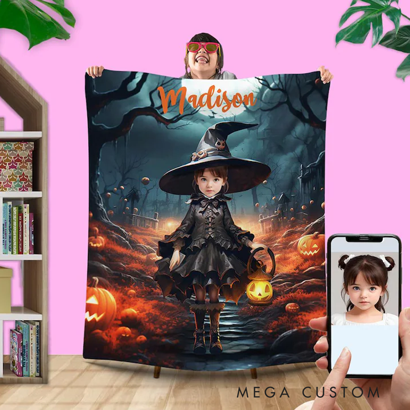 Personalized Witch Photo Blanket Custom Halloween Blanket