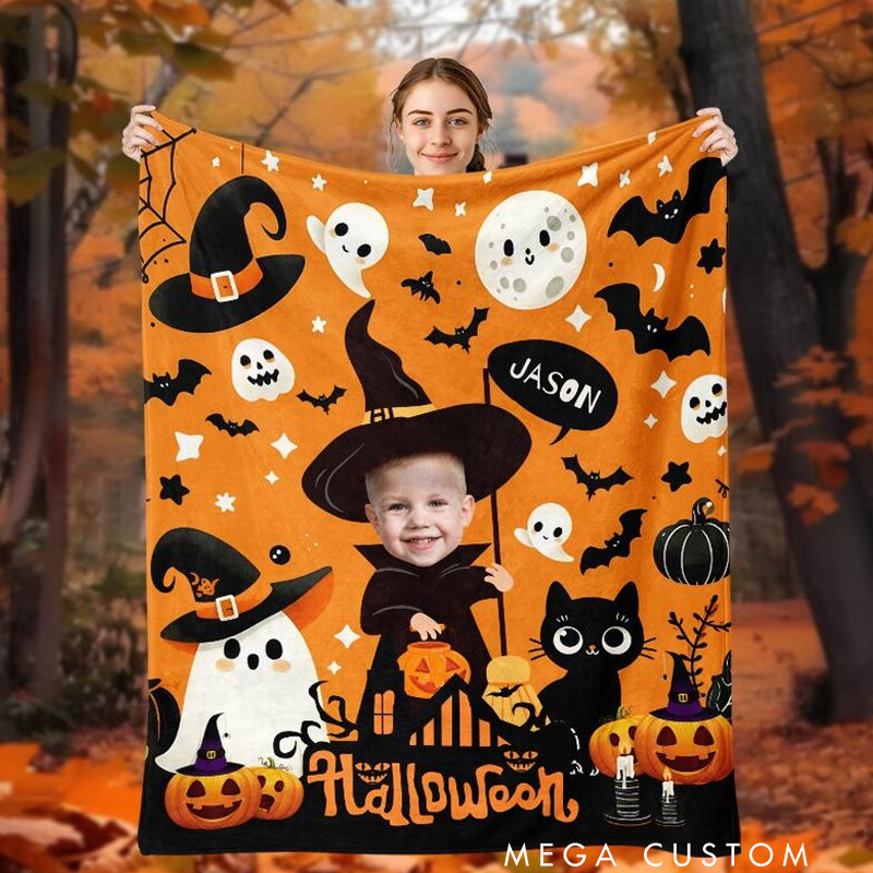 Personalized Halloween Photo & Name Blanket Custom Flannel Throw Blanket Spooky Halloween Gift